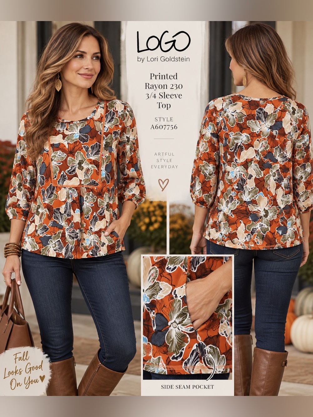LOGO by Lori Goldstein Printed Rayon 3/4 Sleeve Top EUC